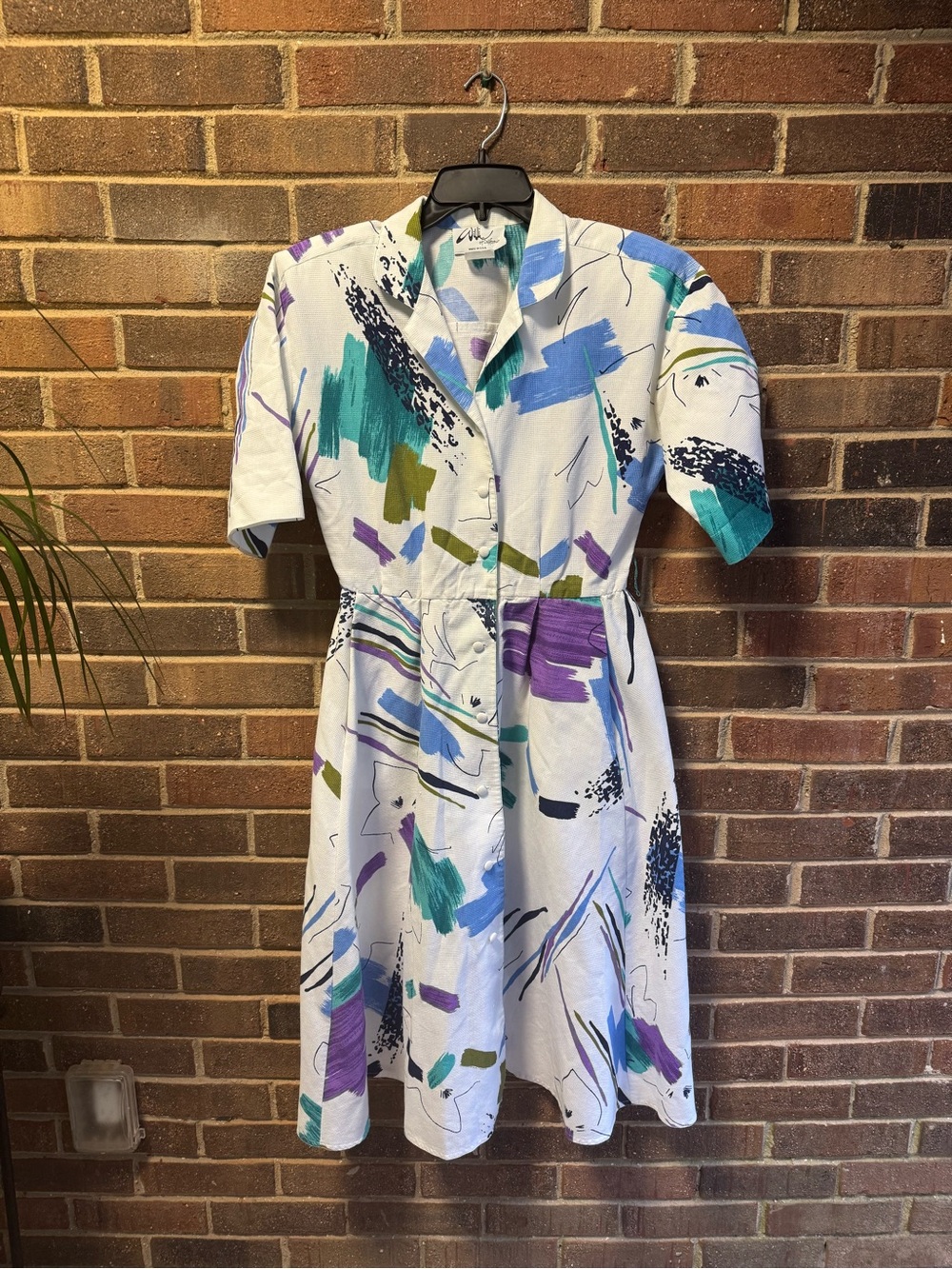 Abstract Brushstroke Print Shirt Dress in White